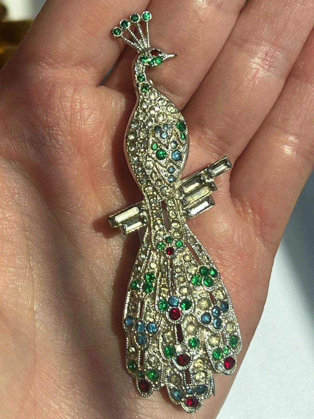 Vintage Rhinestone Peacock Brooch Multicolor Art Deco Style 3”